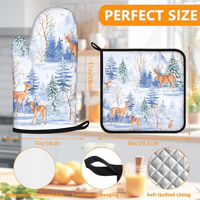 Deer Mitts and Pot Holders Sets 4Pcs,Extra Long Oven Gloves Potholder for Kitchen Cooking Baking BBQ 100% Cotton Heat Resistant