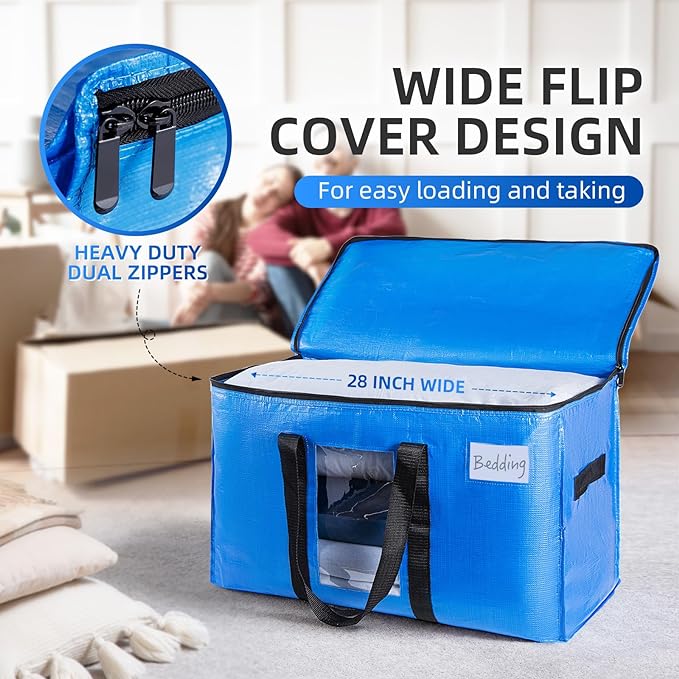 TAILI Extra Large Moving Bags, 2 Pack Blue Heavy Duty Totes for Storage with Visible Window, Wrap Around Handles, Storage Bags for Space Saving, Alternative to Moving Boxes
