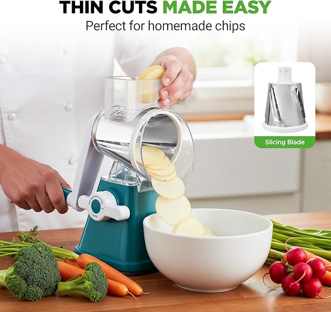 Nutrichef 3 in 1 Cheese Grater & Shredder | Strong Suction Base, Rotary Handle with Safety Lock | Includes Hand Crank & 3 Drum Blades for 3 Textures, Fine, Medium & Strips | Green
