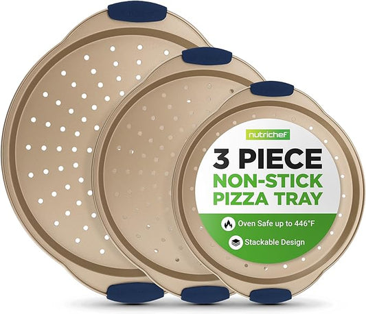 NutriChef 3-Piece Pizza Tray Set with Silicone Handles - Round Nonstick Pizza Pan with Perforated Holes, Durable Carbon Steel, Small, Medium, Large Sizes - Ideal for Crispy, Evenly Baked Pizzas (Gold)