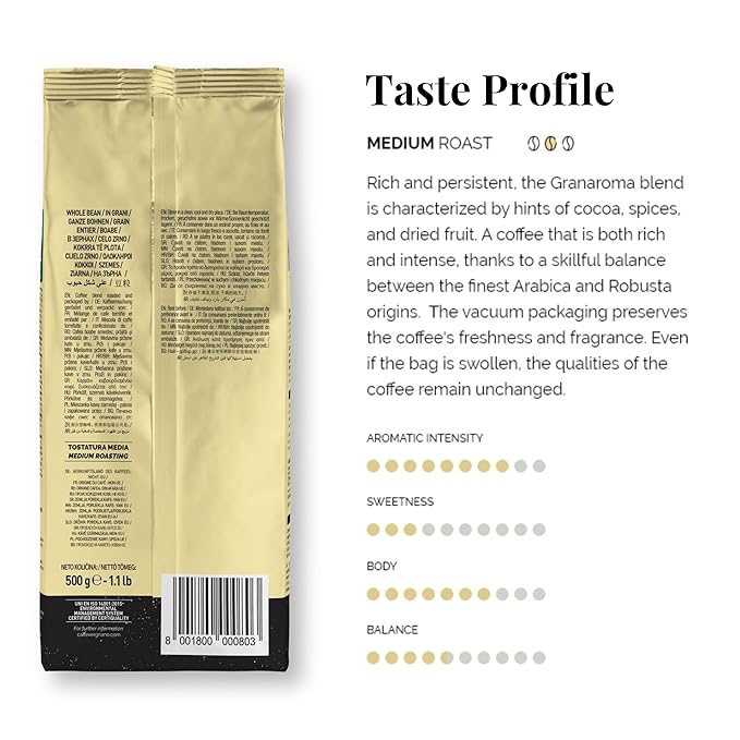 Caffe Vergnano 1882 Granaroma, Espresso, & Antica Bottega Whole Bean Arabica Medium Espresso Roast Coffee, 1.1lbs Bag - Italian Coffee Beans -500g Bag (3 Pk)