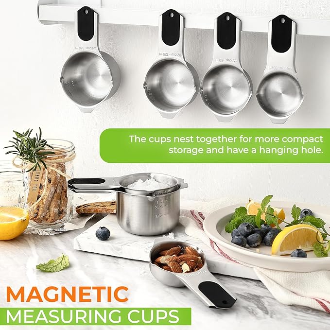 Spring Chef Magnetic Stainless Steel Measuring Cups, Patented, Kitchen Tools with Easy to Read Markings for Measuring Dry or Liquid Ingredients, Set of 7, Black