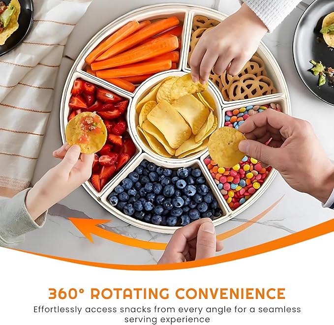 Rotating Snack Box Container - Large Divided Serving Tray with Lid - Snack Spinner for Kids -Pie Carrier,Mess-Free Snack Container - Veggie Tray with Lid for Fridge - Spinning Snack Container