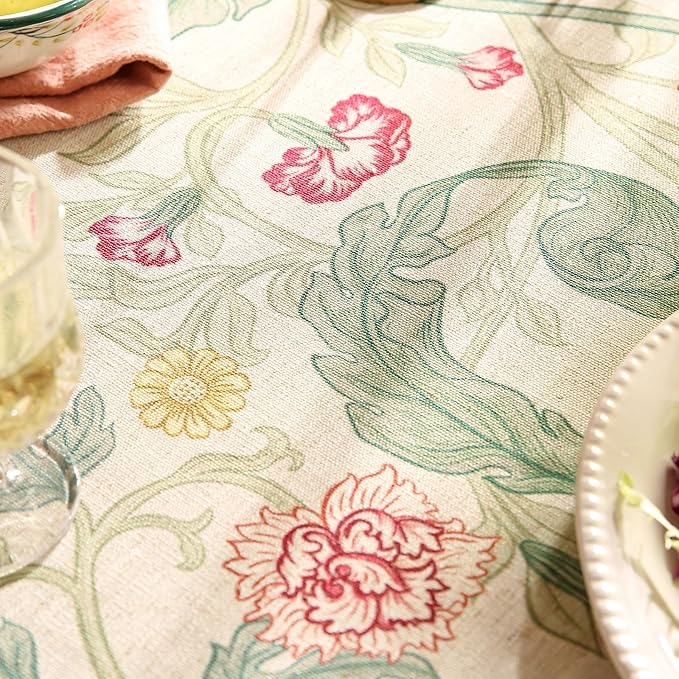 patdrea Designer Green Tablecloth for Rectangle Tables,Vintage Linen with Leaves and Flowers Pattern Tablecloths,Farmhouse Floral Table Cover Cloth Decor for Kitchen Dining Christmas,63"*87"