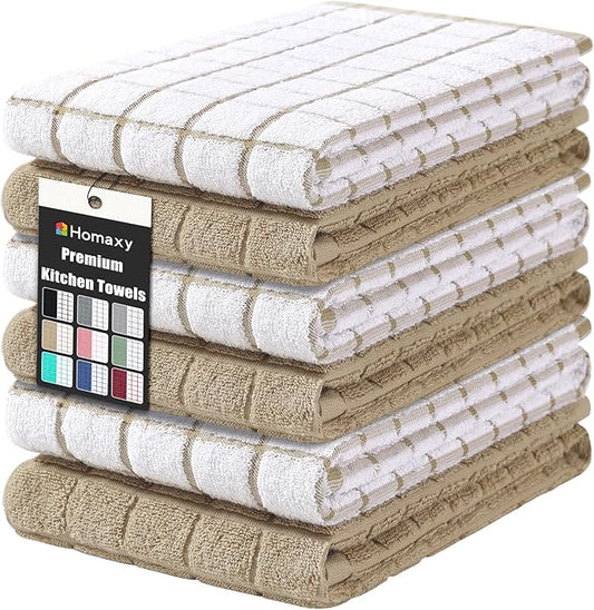 Homaxy Premium Cotton Kitchen Towels 16"x 28", Large Natural Ring Spun 390 GSM Dish Towels, Super Absorbent Terry Kitchen Hand Towels, Soft Tea Towel with Hanging Loop, Tan Check Design, 6 Pack