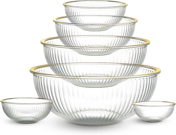 COOK WITH COLOR 12 Pc Glass Mixing Bowl Set with Lids – Borosilicate Glass Nesting Bowls for Cooking, Baking and Meal Prep, Fluted with Gold Rim