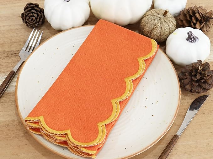 PurpleEssences Scalloped Embroidery Cloth Napkins Christmas Holiday Winter Table Decor 100% Cotton Set of 4-18 x 18 inch - Orange - Edges - Golden Yellow