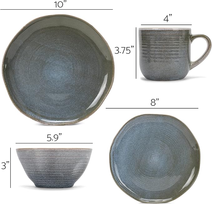 Elanze Designs Reactive Glaze Farmhouse Rustic Boho Ceramic Stoneware Dinnerware 16 Piece Plate Bowl Mug Dish Set - Service for 4, Ocean Teal Blue