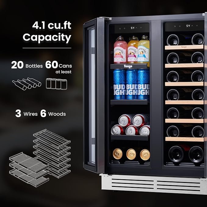 Yeego Wine and Beverage Refrigerator - 24 Inch Dual Zone Wine Cooler Fridge with Glass Door, Quiet Compressor Cooling, Hold 60 Cans & 20 Bottles, Built-in or Freestanding or Under Counter