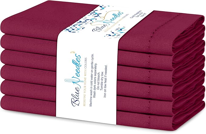 Blue Needles Set of 6 Hemstitch Linen Napkins 100% Cotton Burgundy Cloth Dinner Napkins 18x18 inches, Soft, Reusable, Absorbent, Washable, Ideal for Fall Thanksgiving Events, Parties & Everyday Use