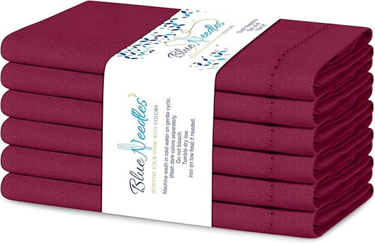 Blue Needles Set of 6 Hemstitch Linen Napkins 100% Cotton Burgundy Cloth Dinner Napkins 18x18 inches, Soft, Reusable, Absorbent, Washable, Ideal for Fall Thanksgiving Events, Parties & Everyday Use
