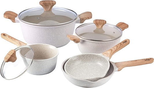 Country Kitchen Non-Stick Cast Aluminum Cookware Set - Durable Kitchen Cookware for Everyday Cooking, Speckled Cream, 8 Pc.