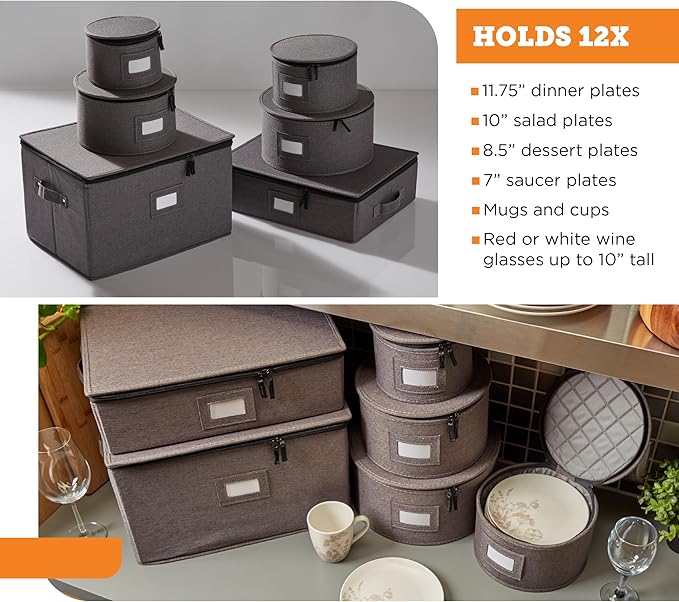 storageLAB China Storage Containers, Hard Shell Case with Felt Dividers for Charger Plates, and Dishes, Ideal for Kitchen Organization, Moving Supplies, and Fine China Storage - 6-Piece Set, Gray
