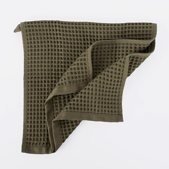 PÜSKÜL Organic Waffle Kitchen Towel 100% Turkish Cotton Set of 3 Khakie Green - Premium Quality, Soft, Quick-Dry, Absorbent, Lint-Free Hand Towels 32X16 Inches (3, Khaki Green)