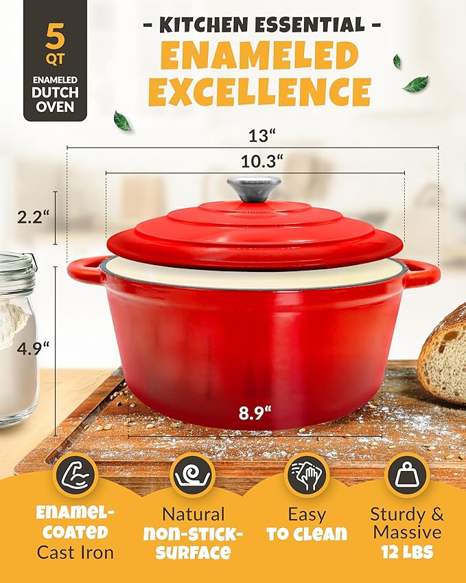 Dutch Oven for Bread Baking - incl. Sourdough Bread-Baking Supplies like Banneton Bread-Proofing Basket - 5QT Enameled Cast Iron Bread-Oven with Lid, Bread-Pan Sour Dough Starter Kit