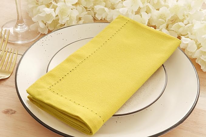 PurpleEssences Set of 6 Hemstitch Cloth Dinner Napkins 100% Cotton - Soft Durable Washable - Ideal for Wedding Christmas Holiday Winter - Perfect Everyday Use Table Linen 18x18 - Yellow