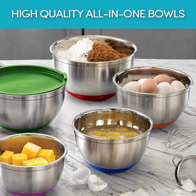 Belwares Mixing Bowls with Lids Set of 5 - Stainless Steel Nesting Bowls with Non-Slip Silicone Bottoms, Airtight Lids & 3 Grater Attachments Kitchen Baking Bowls for Food Prep & Storage (Colorful)