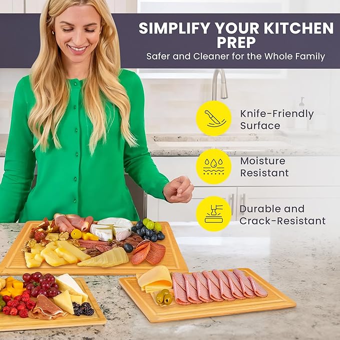 FSC® Certified Extra Large Bamboo Cutting Board Set of 3 – Featuring Glue-Free Surface™ Non Toxic Wood Cutting Boards for Safer Family Cooking and Lifetime Replacements - Rectangle