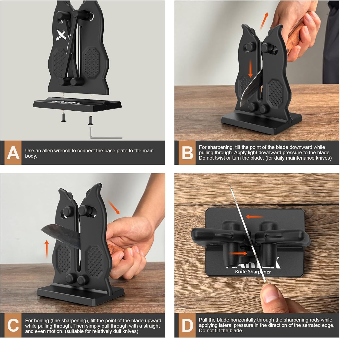 Edge Kitchen Knife Sharpener – Pull-Through Manual Sharpener with Spring Arms – Tungsten Carbide, Self-Adjusting Angle, Fast Edge Repair for Kitchen, Outdoor, and EDC Knives (Black)