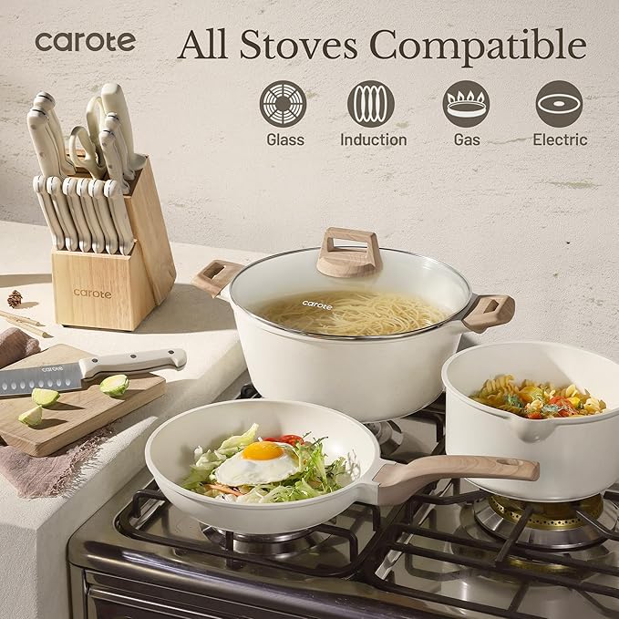 CAROTE ICE 35pcs Pots and Pans Set, Nonstick Cookware Sets, White Granite Induction Cookware with Kitchen Knife Set