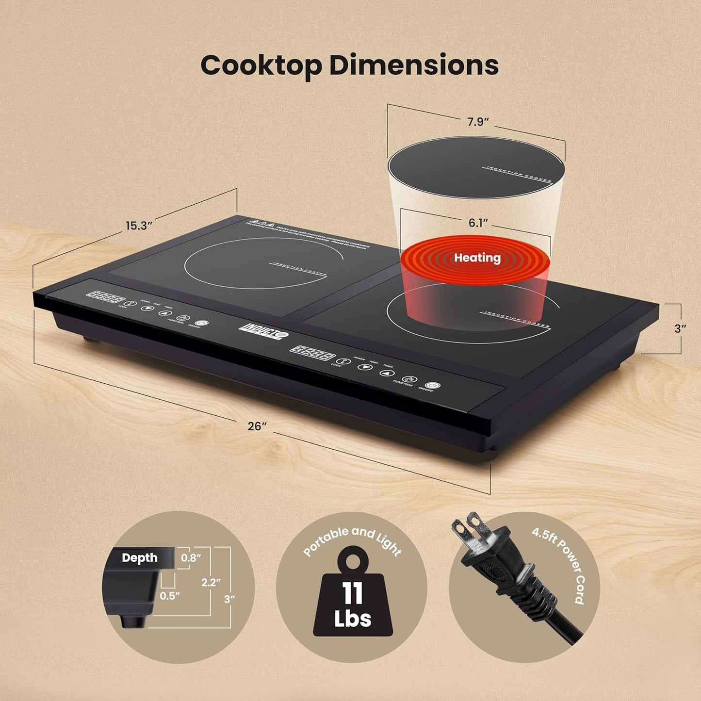 Homewell Inducto Dual Induction Cooktop Countertop Burner, Portable Electric Cooktop with Two Heating Zones, Energy-Efficient Countertop Stove, Easy-to-Clean Glass Surface, Black 1800W