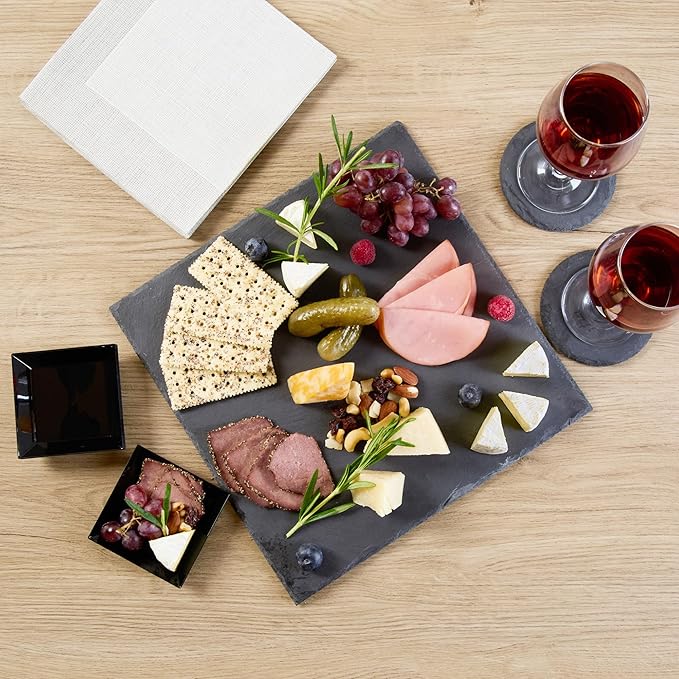 Restaurantware Slate Serving Tray 1 Pack of 12 x 12" Foam Feet Charcuterie Stone Plate Rustic Edges Freezable Black Square Serving Display Cheese Board for Kitchen, Gourmet, Dining, Parties