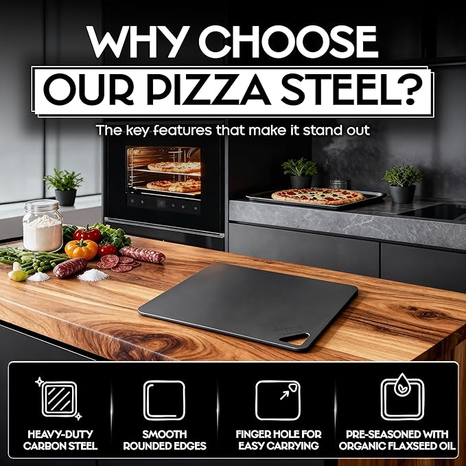 Pizza Steel for Oven (16" x 14.25") | Pre-Seasoned Baking Steel for Bread, Pizza, Sourdough & More | Premium Quality Crust at Home | Use in Oven, Grill, BBQ | Made in the USA