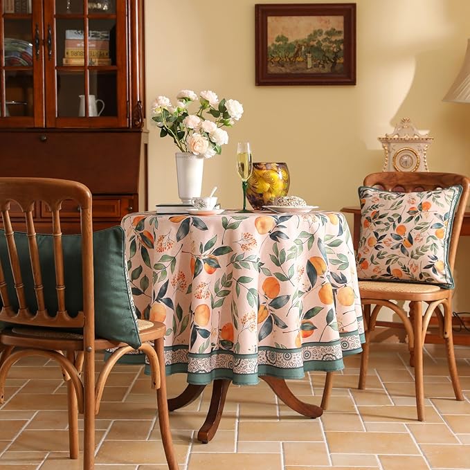 patdrea Designer Orange Tablecloth for Round Tables,Framhouse Linen Oranges and Leaves Tree Pattern Linen Tablecloth,Fall Fruit Table Cover Cloth Decor for Kitchen Dining Christmas,Diameter 67"