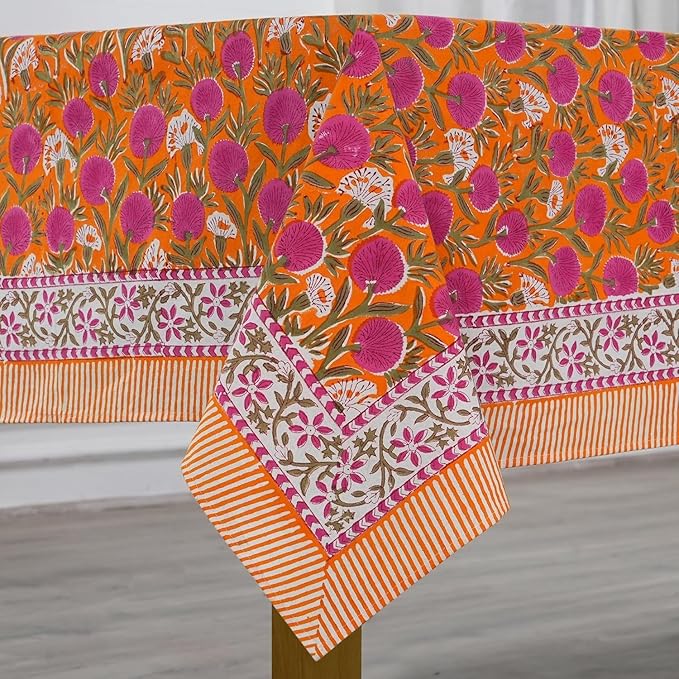 Ridhi Bubblegum Pink Hand Block Print Cotton Rectangle Tablecloth 108 x 60 inches Reusable Table Cover Decorative Everyday Use for Dining Room, Farmhouse, Home, Party, Festive & Wedding, Fall