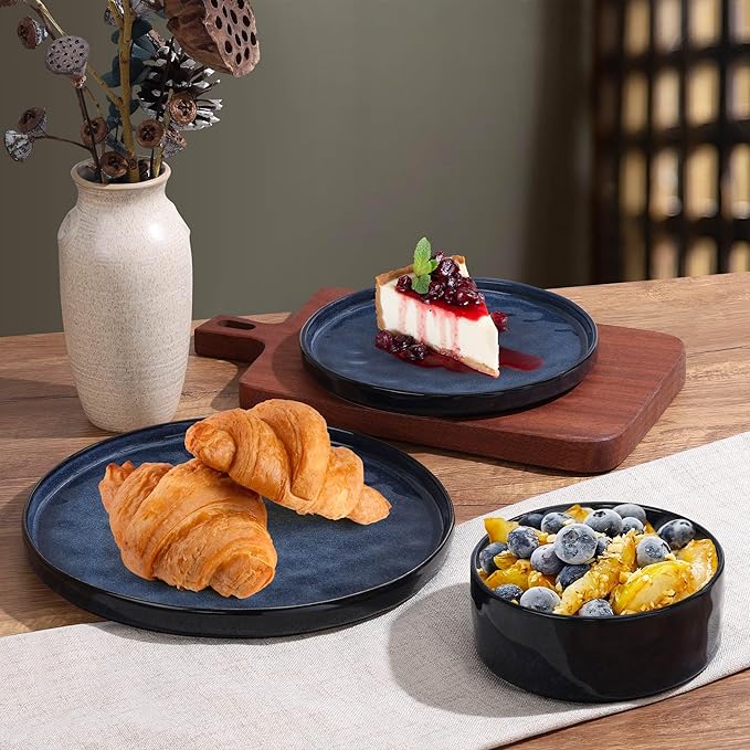 LIANYU 24 Pcs Plates and Bowls Sets for 8, Stoneware Dinnerware Dish Set, Dinner Dishware for Dessert Salad Pasta, Microwave & Dishwasher Safe, Cetacean Blue
