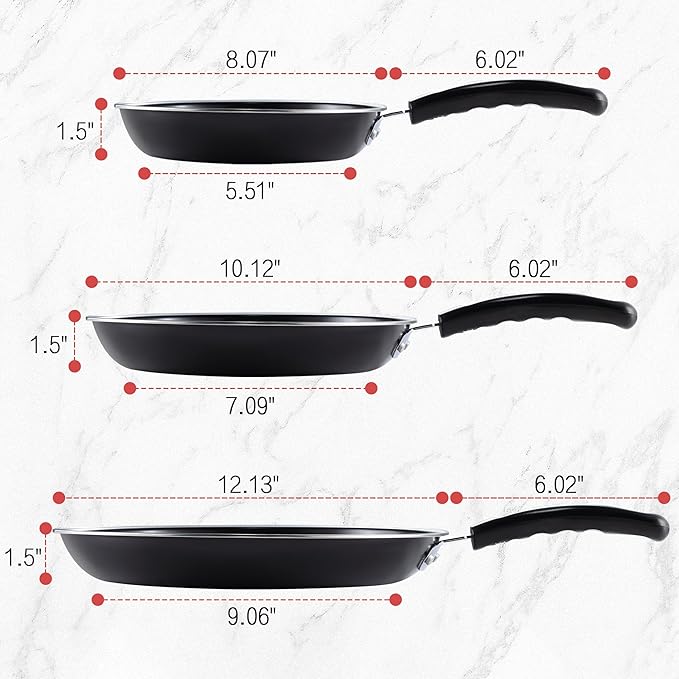 Nonstick Frying Pan Set - Iron Frying Pan 3-Piece Set (8", 10", 12") + 2 Silicone Spatulas, With Premium Nonstick Coating, Up to 450°F, Skillet Suitable for Induction, Gas & More