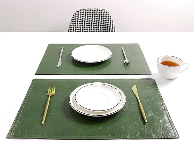 Waterproof PU Placemats, Faux Leather Dining Table Mat, Set of 4, Easy to Wipe Off Scrub Vinyl Mat, Heat & Stain Resistant for Office Conference Table, Home Decor G Loden