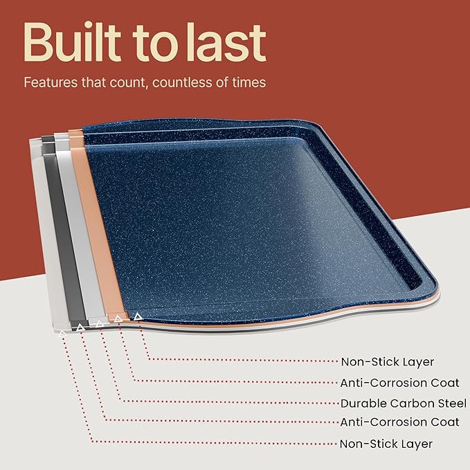 BAKKEN Kitchen Baking Pan Set - Nonstick Coating, Carbon Steel Bakeware Sets with Blue Silicone Handles, Baking Kitchen Essentials, PFOA, PFOS, PTFE Free, Oven Safe Tray (Up To 450° F), Set of 3