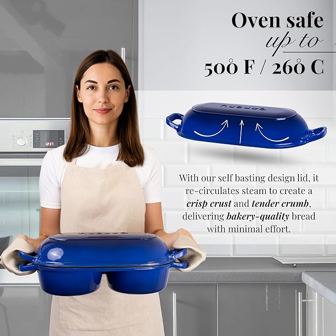 Dutch Oven For Sourdough Bread Baking – Enamelled Cast Iron Bread Loaf Pot – 500°F Oven Safe Non Stick Bread Pot – Double Round Loaf Space, 16.5cm Diameter, Dark Blue, – by Nuovva
