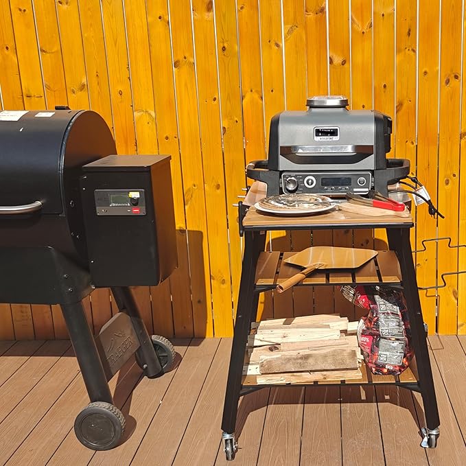 Pizza Oven Stand & Shelf for Solo Stove Pi Pizza Oven, Outrdoor XSKUNStand for Ninja Woodfire, Kitchen Table for Cooking with Stainless Steel Top, WPC Storage Shelves, Lockable 360° Swivel Wheels