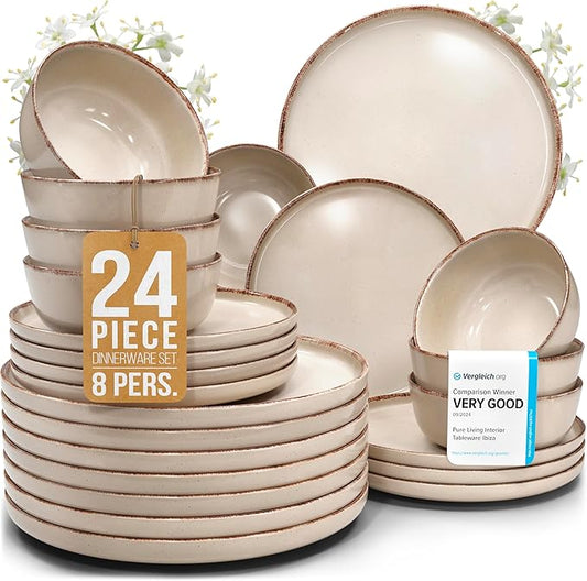 Stoneware dinnerware set 8 persons Rustic 24 pcs - Rustic design dinnerware set, dishwasher safe - Bowl and plate set - Pure Living dinnerware in beige…