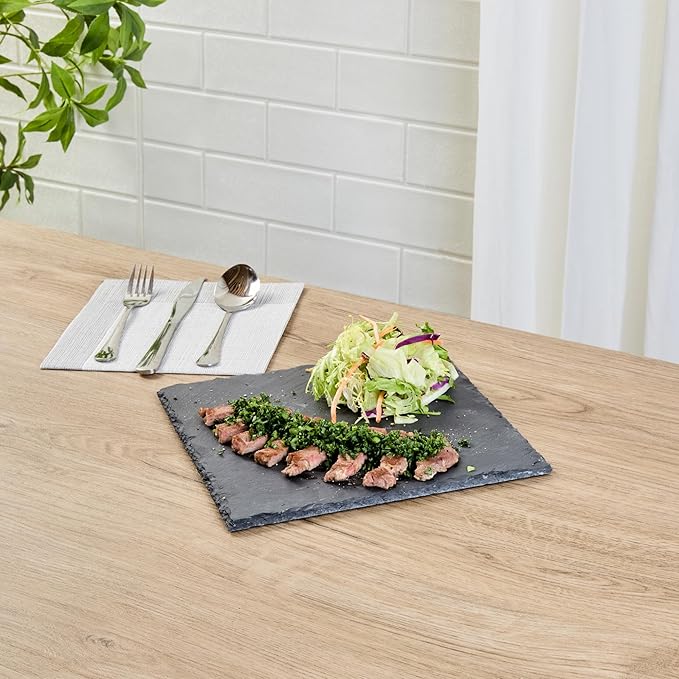 Restaurantware Slate Serving Trays 4 Pack of 10 x 10" Foam Feet Charcuterie Stone Plates Rustic Edges Freezable Black Square Serving Display Cheese Boards for Kitchen, Gourmet, Dining, Parties
