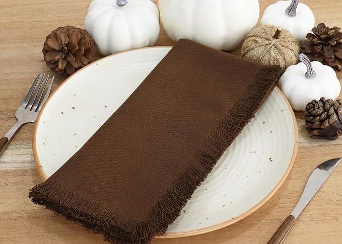 PurpleEssences Cloth Napkins with Fringes, 100% Cotton Christmas Holiday Winter Table Decor, Set of 6 18x18 Inch Reusable Dinner Napkins for Parties and Weddings - Brown