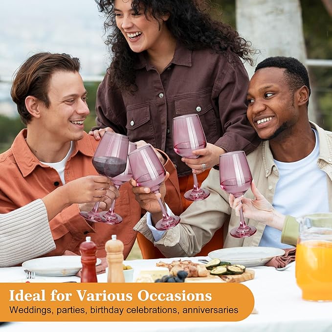 Pink Wine Glasses Set of 6-14oz Pink Long Stem Wine Glass, Pretty Crystal Glassware, Hand Blown Goblets Drinkware, Unique Stemware Wine Glass Holiday Gift Set for Women