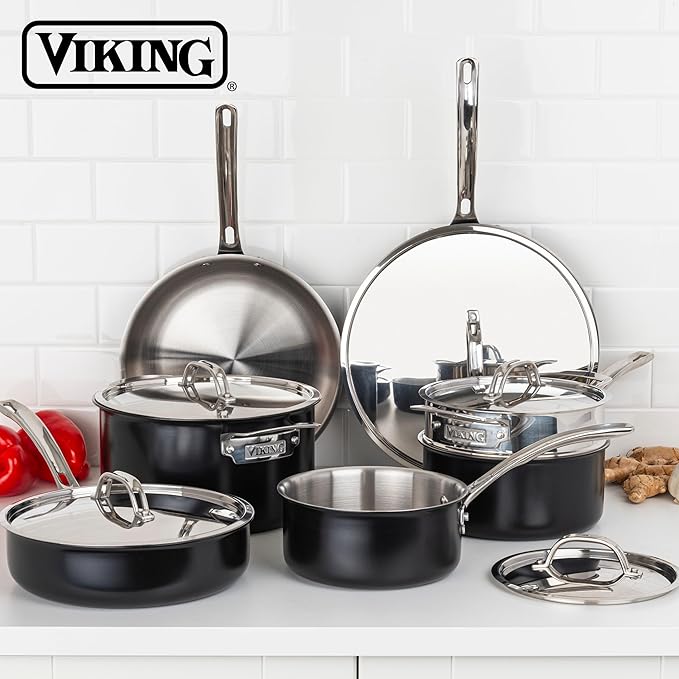Viking 3-Ply Pots and Pans Set, 12 Piece Stainless Steel Kitchen Cookware Set with Lids, Dishwasher Safe, Induction Ready, Cast Black
