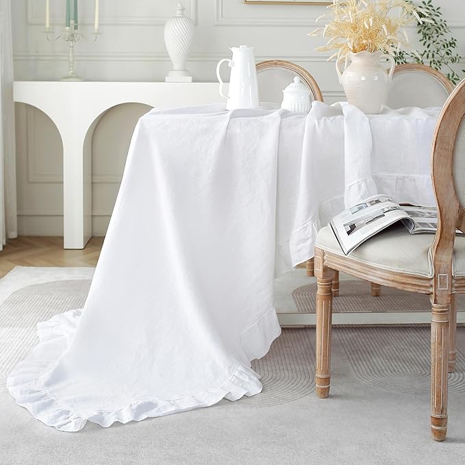 Linen World Ruffle Linen Tablecloth, 100% French Linen White Tablecloth 90" x 60" Inch, Washable Rectangular Tablecloth for Dining, Outdoor, Weddings and Restaurants, Decorative Valentine Easter