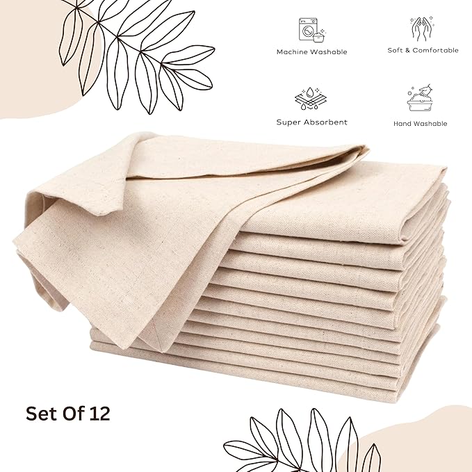 Flax Linen Cotton Cloth Napkins Set of 12-18x18 inch Dinner Napkins, Machine Washable, Soft & Durable for Home, Restaurants, Events - Natural Color