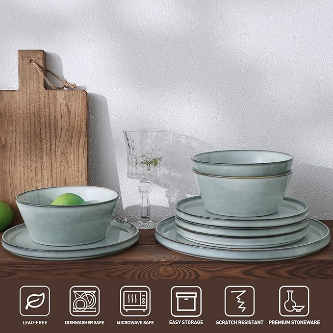 Famiware Annecy Plates and Bowls Sets, Stoneware Dinnerware Sets for 4, 12 Pieces Dish Set with Lipped Edges, Chip and Scratch Resistant, Microwave and Dishwasher Safe, Grey-Blue