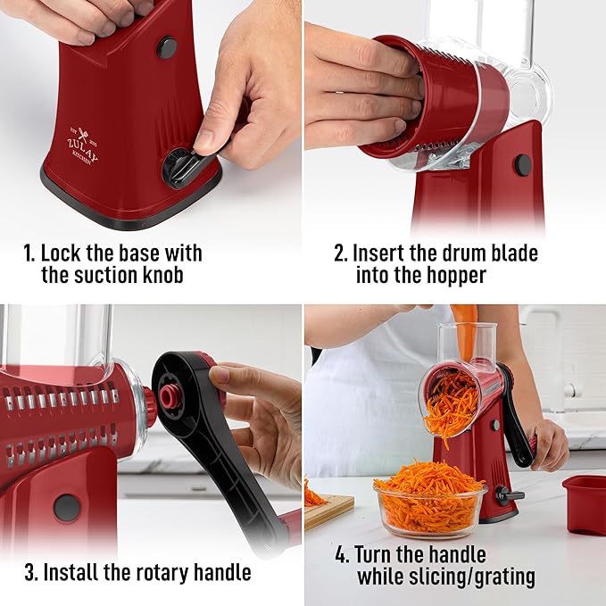 Zulay Kitchen Rotary Cheese Grater 5 Blade Cheese Shredder - Manual Hand Crank Cheese Grater With Reinforced Suction & 5 Interchangeable Drums - Easy to Use, Vegetable Chopper Round Mandoline Slicer