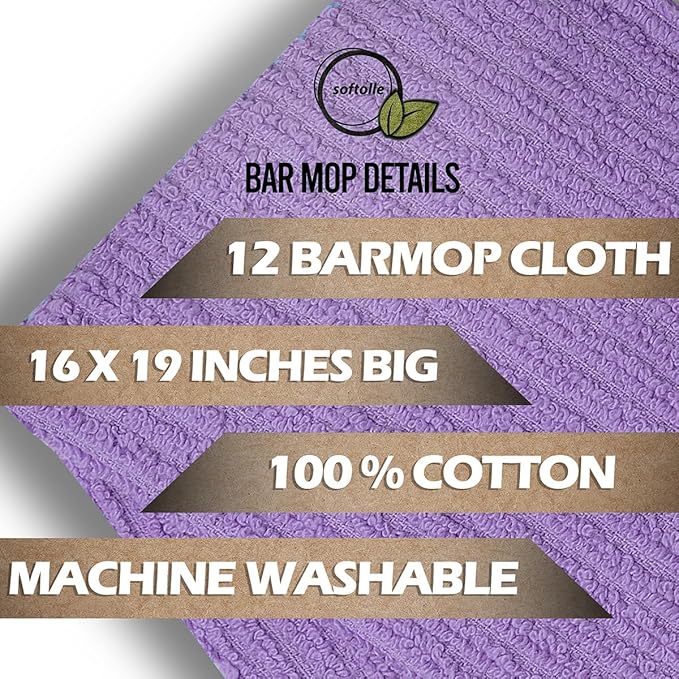 Softolle Bar Mop Towels, Pack of 12-16x19 Inches - 100% Cotton Super Absorbent Towels, Multi-Purpose for Home and Bar Cleaning (Purple)