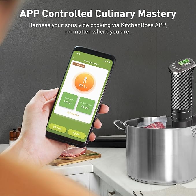 KitchenBoss Wifi Sous Vide Cooker: Sous Vide Machine Ultra-quiet 1100W Precision Cooking Machine Built-in TFT Recipes, IPX7 Waterproof Immersion Circulator Precise Temperature Control, Carbon Black