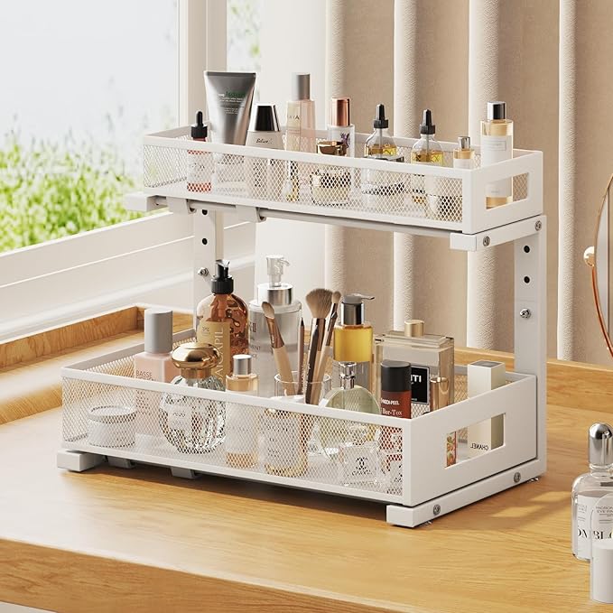 2 Pack 17IN Depth Under Sink Storage Organizer, Large 2-Tier Elegant Mesh Pull Out Shelf for Kitchen and Bathroom Cabinet Organization, L-Shaped and Adjustable Height Design-White