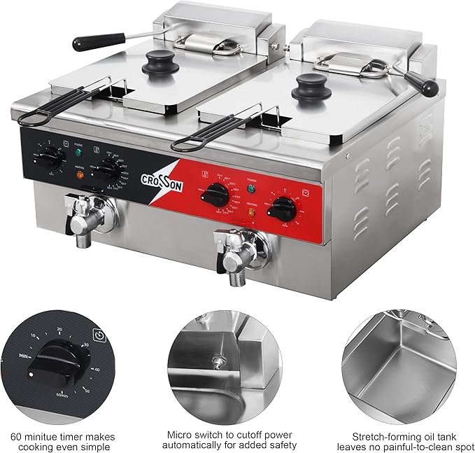 CROSSON 12L Dual Tank Countertop Electric Deep Fryer with Drain,Solid Basket and Lid for Restaurant and Home Use 120V,3600W Stainless Steel Commercial Deep Fryer (EF-6V-2)