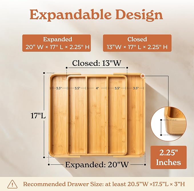 SMIRLY Silverware Drawer Organizer – Bamboo Kitchen Drawer Organizer, Adjustable Utensil Holder and Cutlery Tray, Drawer Dividers for Flatware and Kitchen Utensils