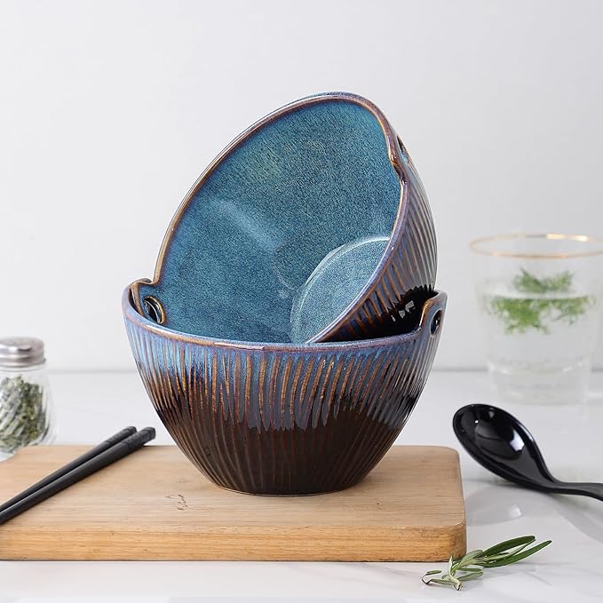 Ceramic Ramen Bowl with Chopsticks and Spoons Set, 6.7 Inch Noodle Bowl Set for Pho Udon Soba, Set of 2 (Sky Blue)